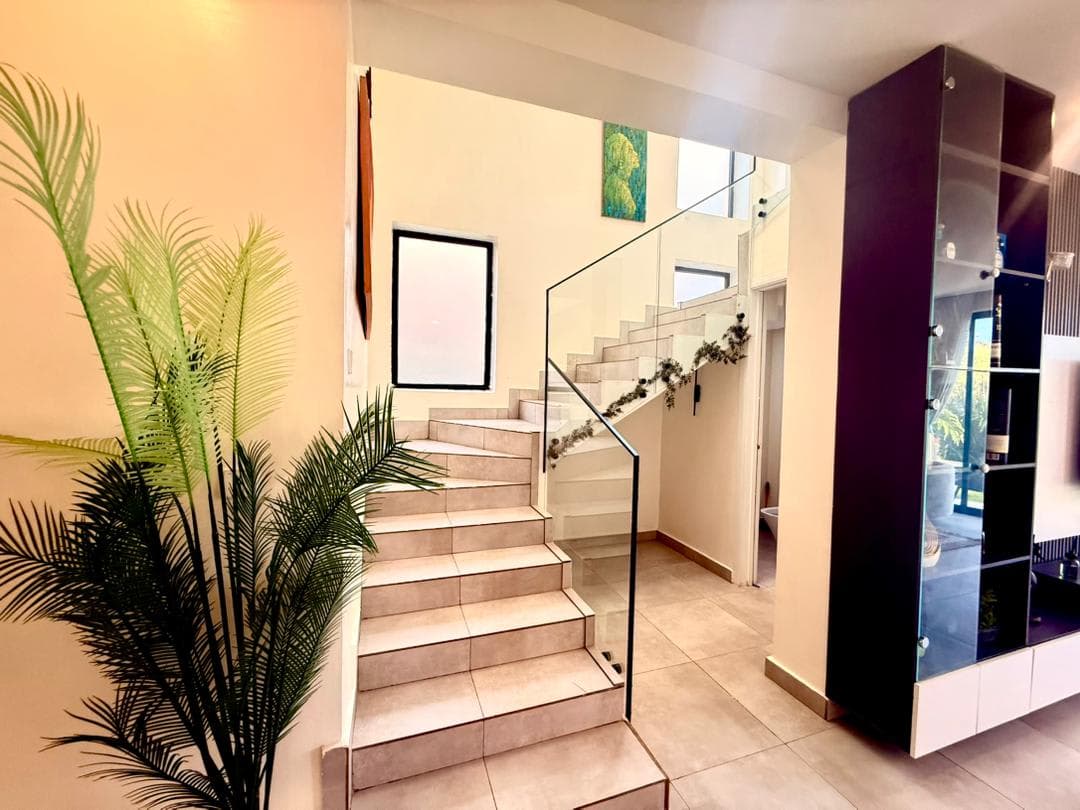 Interior staircase with glass railing and tropical palms